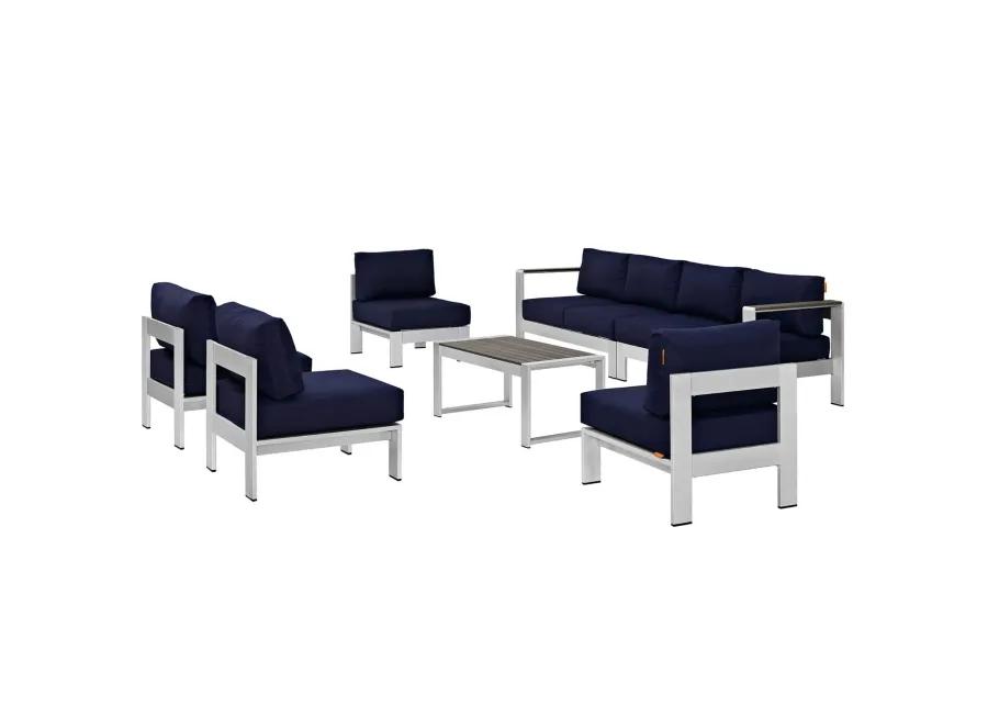 Shore Outdoor Patio Collection - Durable Aluminum Frames - Weather Resistant - 7 Piece Sectional Sofa Set - Silver Navy