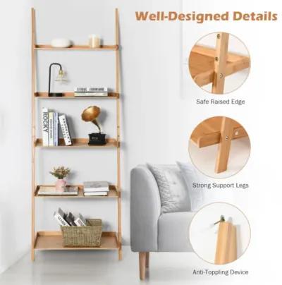 Hivvago 5-Tier Ladder Shelf Bamboo Bookshelf Wall-Leaning Storage Display Plant Stand-Natural