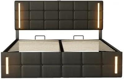 Queen Size Upholstered Bed With LED Lights, Hydraulic Storage System And USB Charging Station