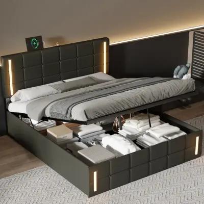 Queen Size Upholstered Bed With LED Lights, Hydraulic Storage System And USB Charging Station