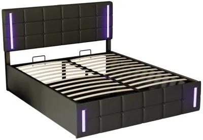 Queen Size Upholstered Bed With LED Lights, Hydraulic Storage System And USB Charging Station