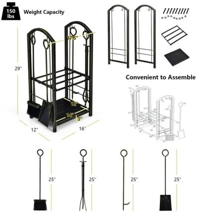 Fireplace Log Rack with 4 Tools Set Fireside Firewood Holder