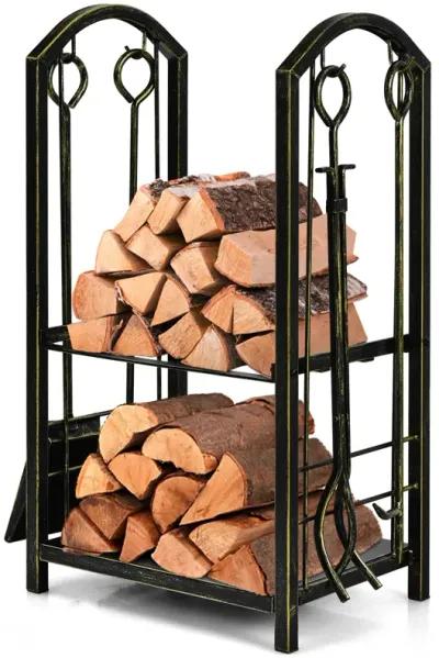 Fireplace Log Rack with 4 Tools Set Fireside Firewood Holder