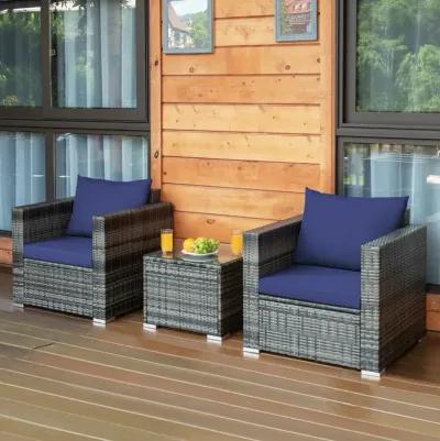 3 Pcs Patio Rattan Furniture Bistro Sofa Set with Cushioned