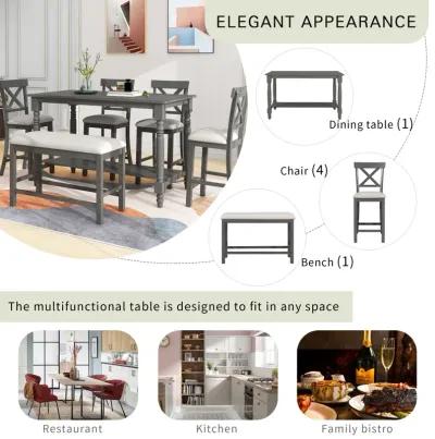 6-Piece Counter Height Dining Table Set Table with Shelf 4 Chairs and Bench