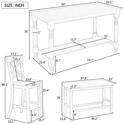 6-Piece Counter Height Dining Table Set Table with Shelf 4 Chairs and Bench