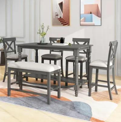 6-Piece Counter Height Dining Table Set Table with Shelf 4 Chairs and Bench