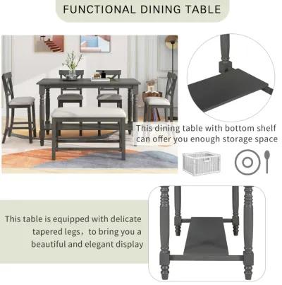 6-Piece Counter Height Dining Table Set Table with Shelf 4 Chairs and Bench