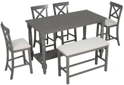 6-Piece Counter Height Dining Table Set Table with Shelf 4 Chairs and Bench