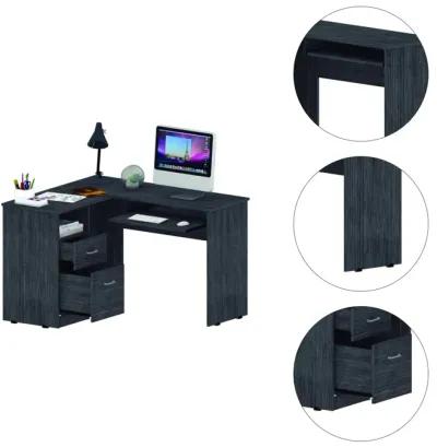 Mix L-Shaped Desk, Keyboard Tray, Two Drawers, Single Open Shelf - Smokey Oak