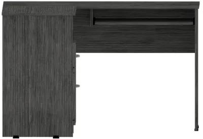 Mix L-Shaped Desk, Keyboard Tray, Two Drawers, Single Open Shelf - Smokey Oak