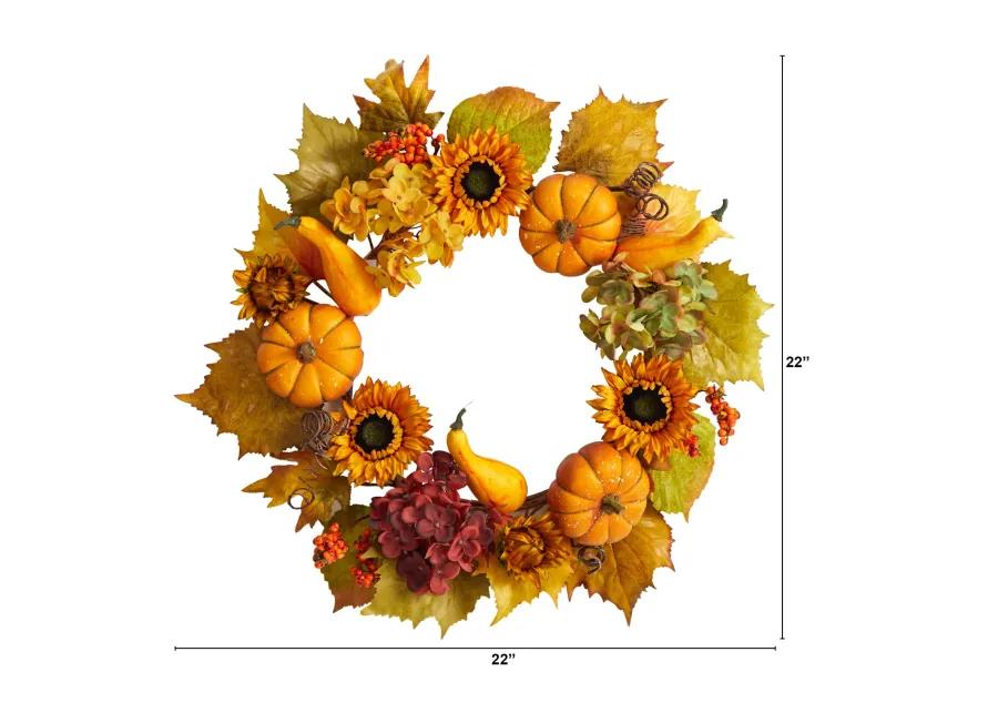 HomPlanti 22" Autumn Hydrangea, Pumpkin and Sunflower Artificial Fall Wreath