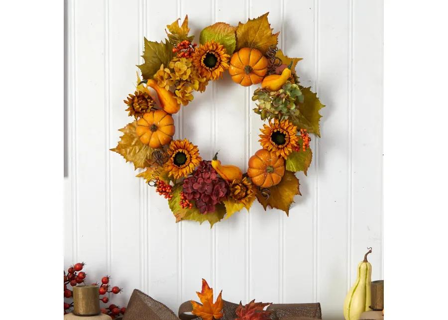 HomPlanti 22" Autumn Hydrangea, Pumpkin and Sunflower Artificial Fall Wreath