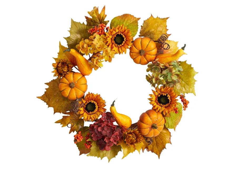 HomPlanti 22" Autumn Hydrangea, Pumpkin and Sunflower Artificial Fall Wreath