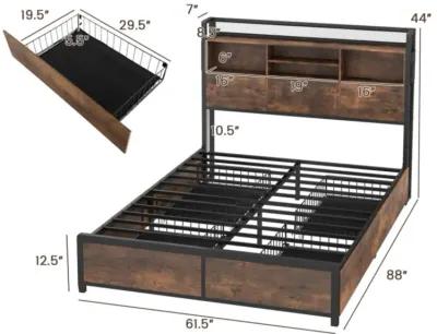 Hivvago Full/Queen Size Bed Frame with Bookcase Headboard and 4 Storage Drawers