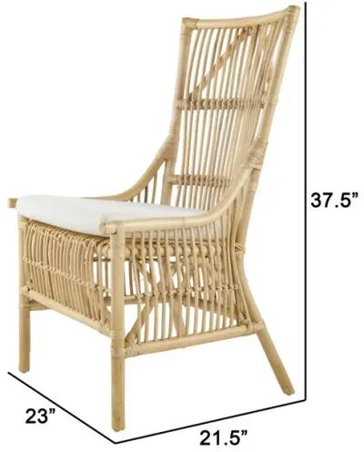 23 Inch Rattan Dining Side Chair, Soft Padded Seat, Natural Brown, White - Benzara