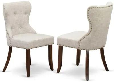 East West Furniture - Set of 2 - Modern Chairs- Kitchen Chair Includes Mahogany Wood Frame with Doeskin Linen Fabric Seat with Nail Head and Button Tufted Back