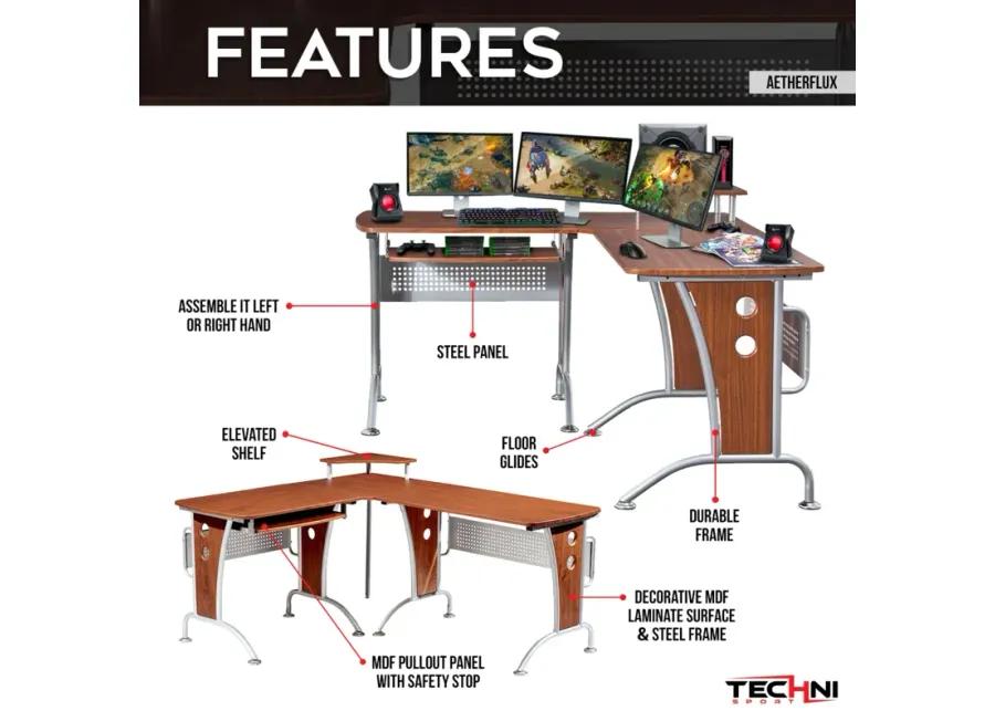 Deluxe L-Shaped Computer Desk With Pull Out Keyboard Panel, Mahogany