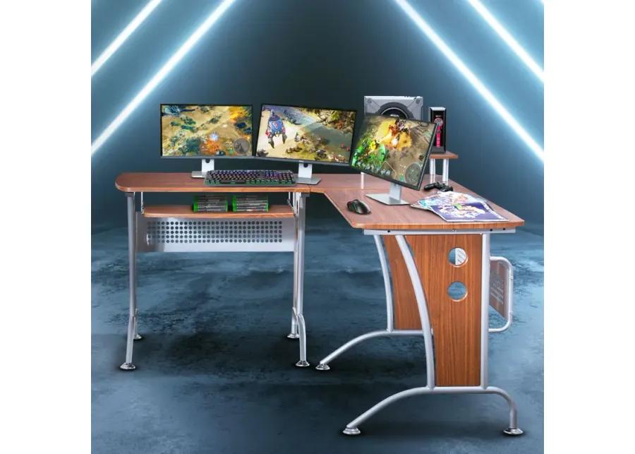 Deluxe L-Shaped Computer Desk With Pull Out Keyboard Panel, Mahogany