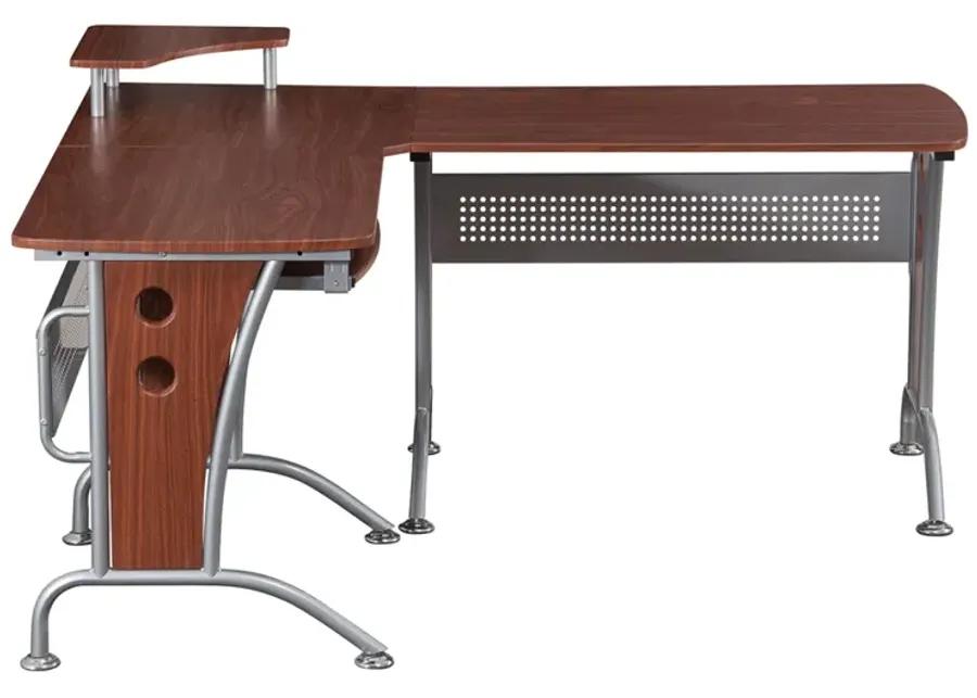 Deluxe L-Shaped Computer Desk With Pull Out Keyboard Panel, Mahogany