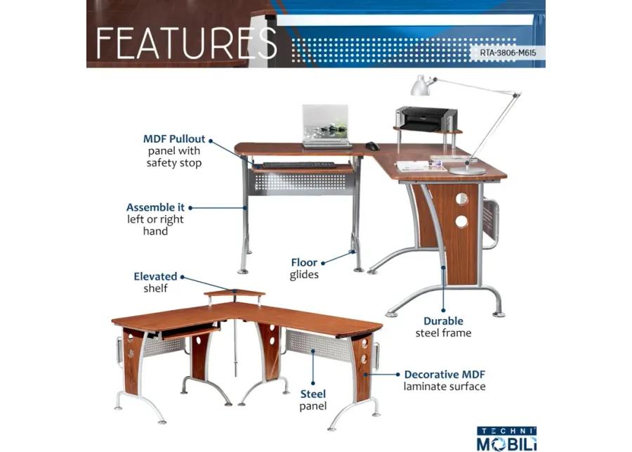 Deluxe L-Shaped Computer Desk With Pull Out Keyboard Panel, Mahogany