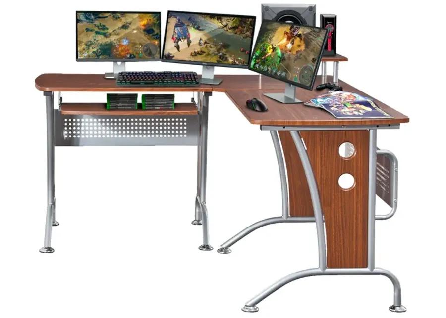 Deluxe L-Shaped Computer Desk With Pull Out Keyboard Panel, Mahogany