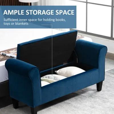 Blue Upholstered Storage: Button-Tufted Ottoman Bench with Arms