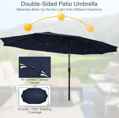 Hivvago 15 Feet Double-Sided Twin Patio Umbrella with Crank and Base