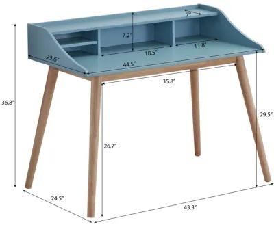 Mid-Century Modern Wood Writing Desk with Hutch, Blue