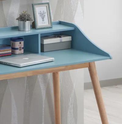 Mid-Century Modern Wood Writing Desk with Hutch, Blue