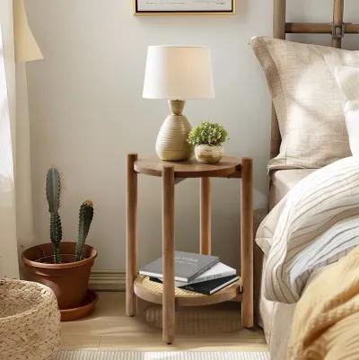 LuxenHome Chestnut Finish Pine and MDF Wood Accent Round Table with Rattan Shelf