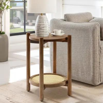 LuxenHome Chestnut Finish Pine and MDF Wood Accent Round Table with Rattan Shelf