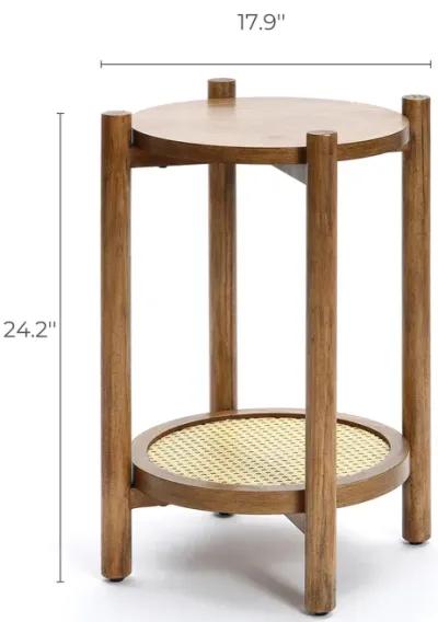 LuxenHome Chestnut Finish Pine and MDF Wood Accent Round Table with Rattan Shelf