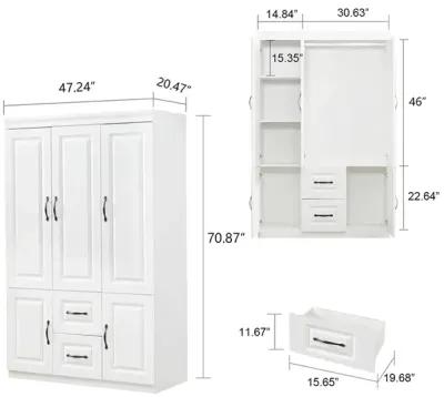 Armoire Wardrobe Closet with 3 Door and 2 Drawers Tall Cabinet for Large Capacity, Closet Wardrobe Cabinet with Hanging Rail and Metal Handle White for Bedroom 47.2" W x 20.5" D x 74" H