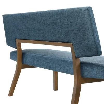 Yumi 63 Inch Dining Bench, Seat and Back with Blue Fabric, Walnut  - Benzara