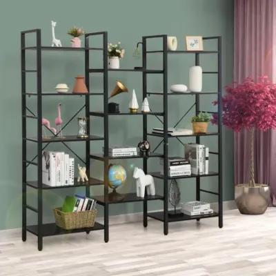 Hivvago Vintage Industrial Style Triple Wide 5-Tier Bookcase with Metal Frame