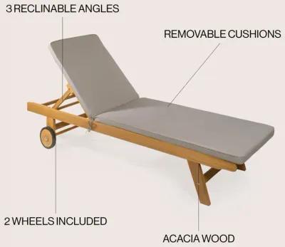 Mallorca Modern Classic Adjustable Acacia Wood Chaise Outdoor Lounge Chair with Cushion & Wheels