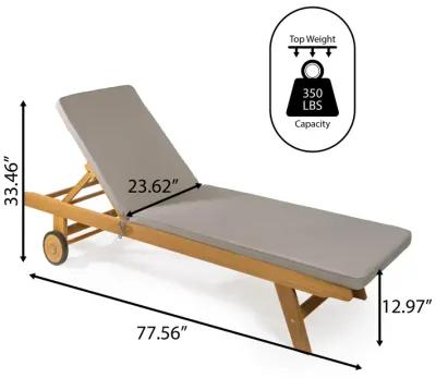 Mallorca Modern Classic Adjustable Acacia Wood Chaise Outdoor Lounge Chair with Cushion & Wheels