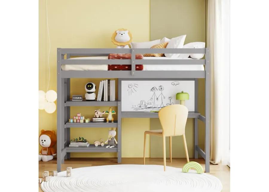 Twin Size Wooden Loft Bed With Shelves, Desk And Writing Board