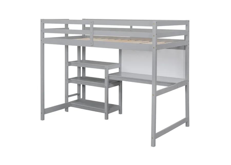 Twin Size Wooden Loft Bed With Shelves, Desk And Writing Board