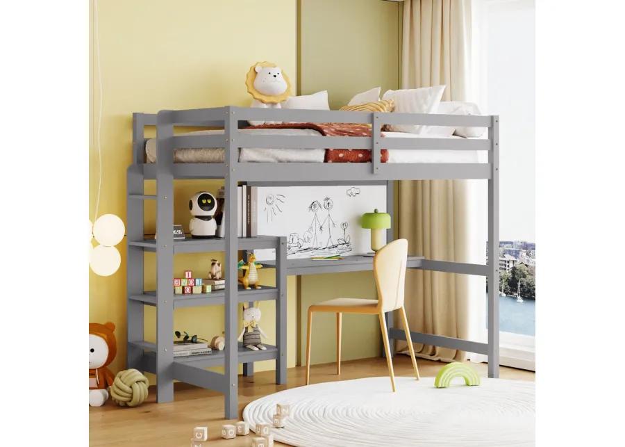 Twin Size Wooden Loft Bed With Shelves, Desk And Writing Board