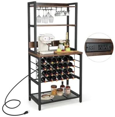 Wine Bar Cabinet Wine Rack with 4 Tier Storage Shelves and Glass Holders-Brown