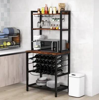 Wine Bar Cabinet Wine Rack with 4 Tier Storage Shelves and Glass Holders-Brown