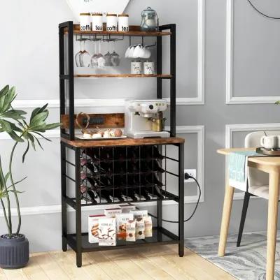 Wine Bar Cabinet Wine Rack with 4 Tier Storage Shelves and Glass Holders-Brown