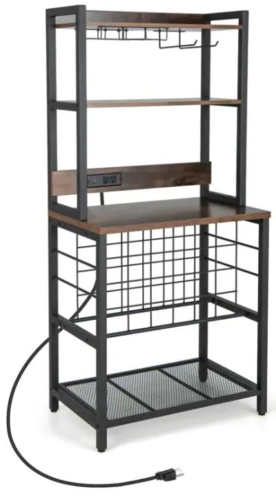 Wine Bar Cabinet Wine Rack with 4 Tier Storage Shelves and Glass Holders-Brown