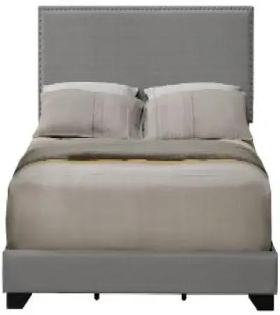 Queen Size Bed with Fabric Upholstery and Nailhead Accent, Gray-Benzara