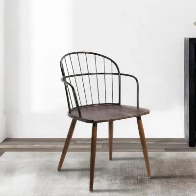 Metal Frame Side Chair with Open Backrest, Black and Brown-Benzara