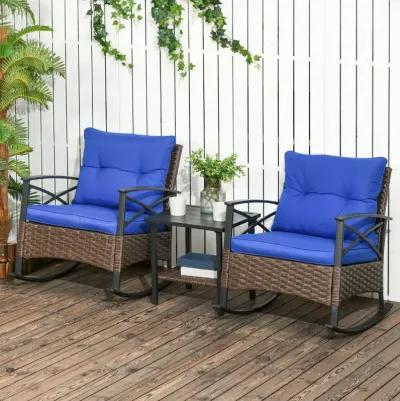 Outsunny 3 Piece Patio Rocking Chair Set, Outdoor Wicker Bistro Set with 2 Cushioned Porch Rockers, 2 Tier Coffee Table, for Gaden, Patio, Dark Blue