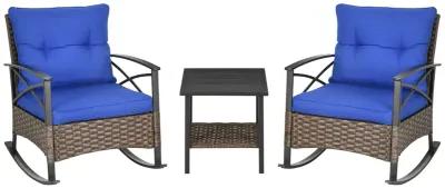 Outsunny 3 Piece Patio Rocking Chair Set, Outdoor Wicker Bistro Set with 2 Cushioned Porch Rockers, 2 Tier Coffee Table, for Gaden, Patio, Dark Blue