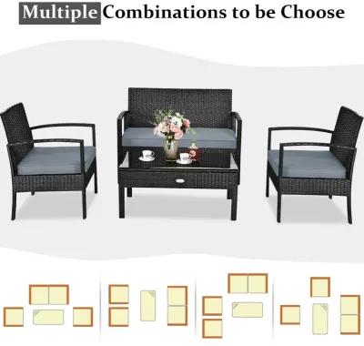 4 Pieces Patio Rattan Cushioned Furniture Set with Loveseat and Table